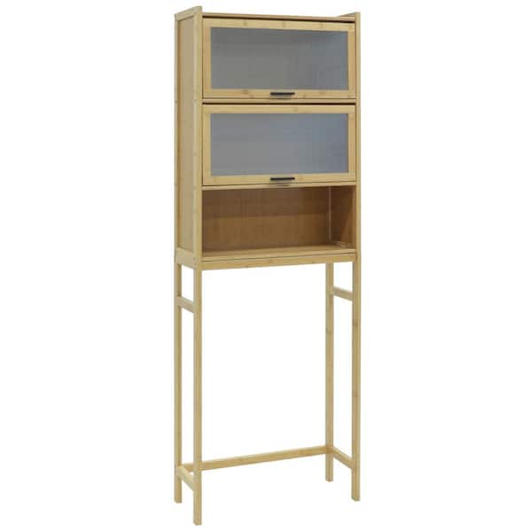 VEIKOUS 23.6 in. W x 68.1 in. H x 8.9 in. D Yellow Bamboo Bathroom Over-the-Toilet Storage with Shelves and Doors
