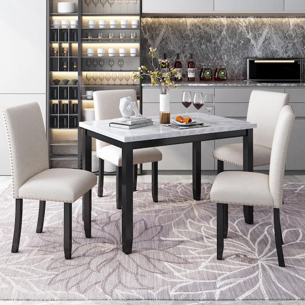 Qualler White Faux Marble 5-Piece Wood Top Dining Set with 4 Thicken Cushion Dining Chairs