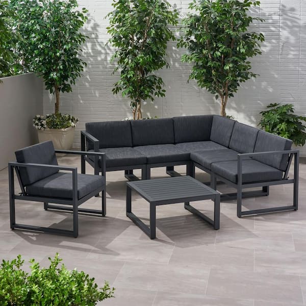 Noble House Navan Black 7-Piece Aluminum Outdoor Patio Conversation Set with Dark Grey Cushions