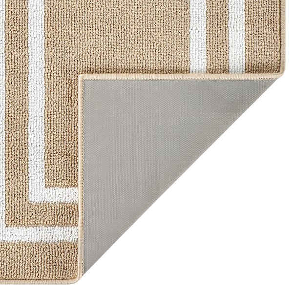 Double Border Beige/White 2 ft. x 6 ft. Tufted Border Polypropylene Runner Accent Rug
