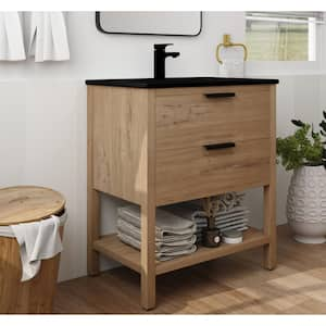 30.00 in. W x 18.30 in. D x 33.75 in. H Freestanding Bath Vanity in Imitative Oak with Black Ceramic Top