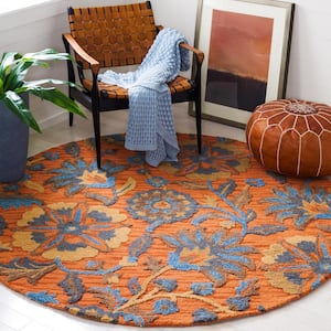 Blossom Rust/Blue 6 ft. x 6 ft. Floral Scroll Round Area Rug