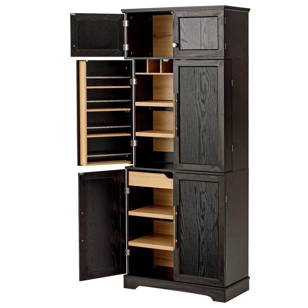 Black MDF 31.5 in. W x 78.2 in. H Farmhouse Kitchen Pantry Cabinet with 4 Adjustable Shelves and Hidden Drawer