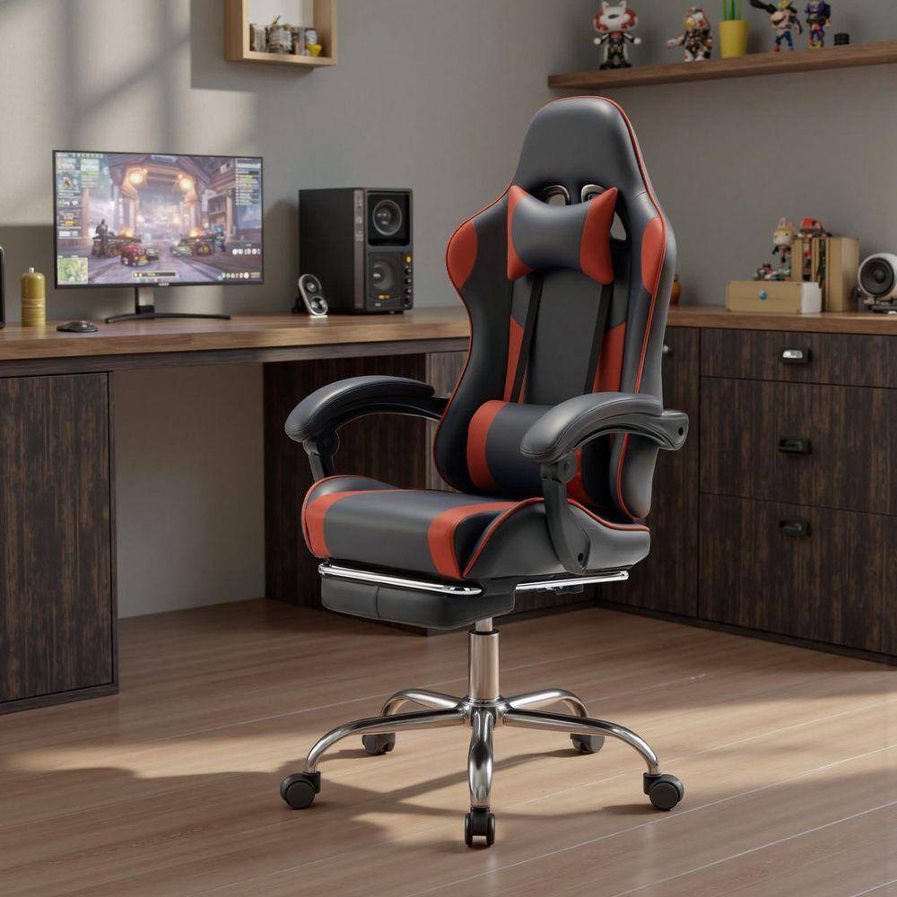 Ergonomic Faux Leather High Back Reclining Gaming Chair with Footrest for Adults in Black Red with Linkage Armrests