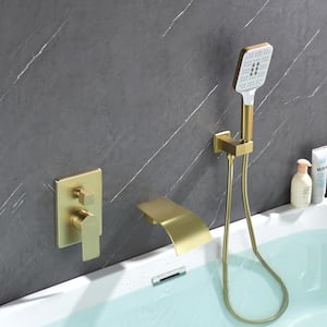 Single-Handle Wall Mount Roman Tub Faucet with Hand Shower and Waterfall in Brushed Gold