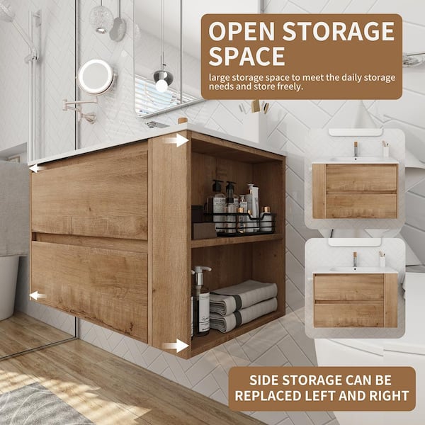 29.70 in. W x 18.10 in. D x 19.40 in. H Floating Bath Vanity in Imitative Oak with One White Gel Top