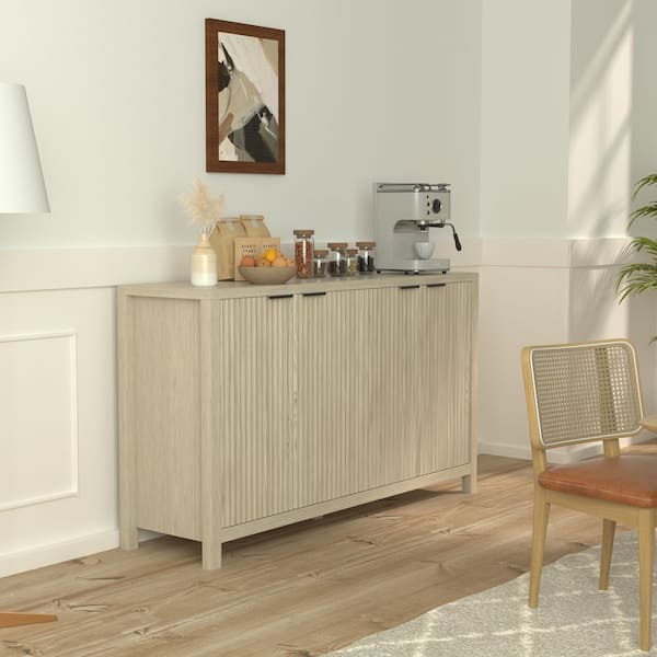 VEIKOUS Modern Wood Color 32.2 in. H Accent Storage Cabinets Kitchen Sideboard with Adjustable Shelves and Fluted Doors