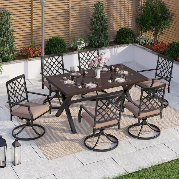 PHI VILLA Black 7-Piece Metal Patio Outdoor Dining Set with Wood-Look Rectangle Table and Swivel Chairs with Beige Cushions