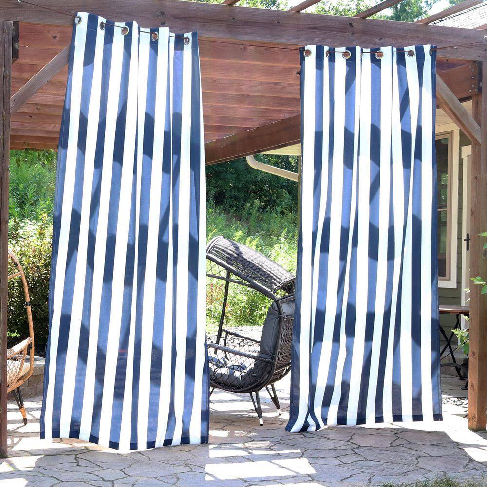 Blue and White Stripe Polyester Light-Filtering Grommet Curtain Panel
