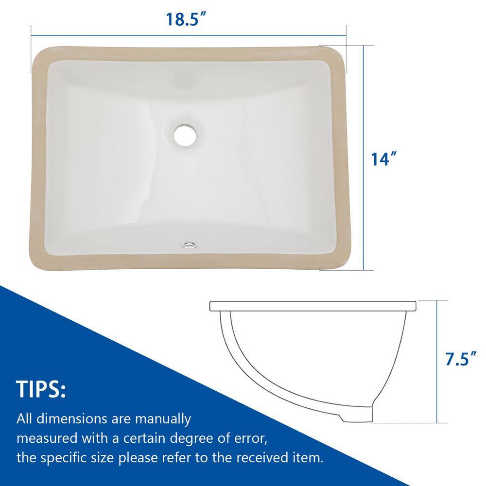 18.5"x14" White Ceramic Rectangular Undermount Bathroom Sink with Overflow