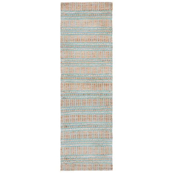 SAFAVIEH Natural Fiber Teal/Beige 2 ft. x 8 ft. Striped Woven Runner Rug