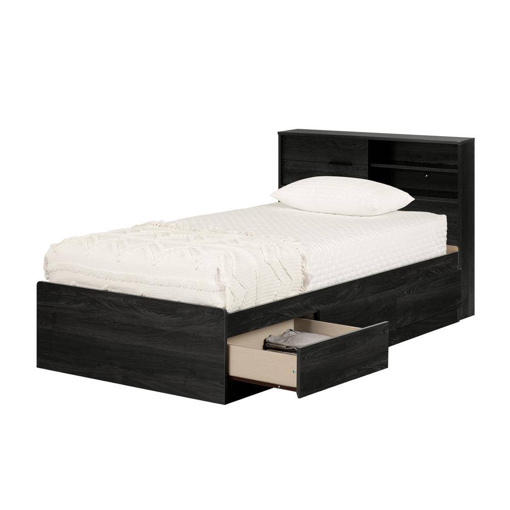 Gray Oak Twin Platform Bed with Storage and Bookcase Headboard