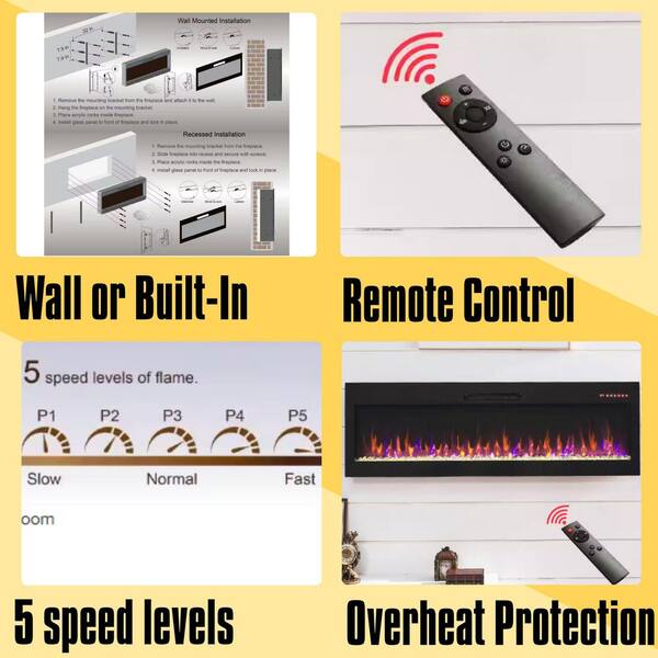 60 in. W x 18.6 in. H Wall Mounted Ultra Electric Fireplace Insert with Remote,Thin Tempered Glass, Multi-Color Flame