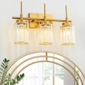 Orillia 19.69 in. 3-Light Modern Industrial Gold Bathroom Vanity Light with Crystal Cylinder Shades