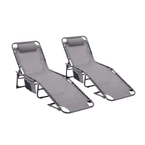 Dark Gray Steel Outdoor Lounge Chair with Gray Pillow and Side Pocket(2-Pack)