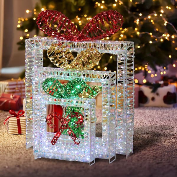 Karl home 22 in. 3PCS Lighted Iridescent Gift Box Christmas