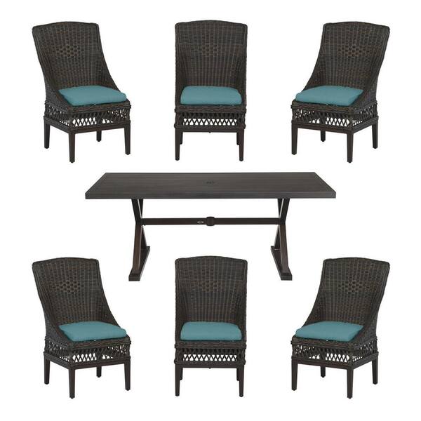 Hampton Bay Woodbury Dark Brown 7 Piece Wicker Outdoor Patio Dining Set With Cushionguard Charleston Blue Green Cushions H162 01203900 The Home Depot