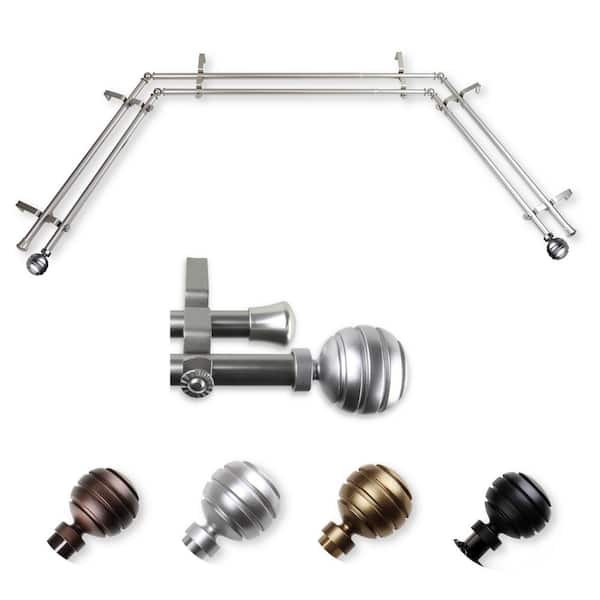 EMOH 13/16" Dia Adjustable 20"-36", 38"-72" Bay Window Double Curtain Rod with Ysabel Finials in Satin Nickel