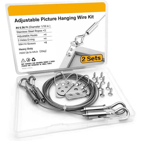 Adjustable Picture Hanging Wire Kit Heavy Duty Stainless Steel Rope 2m x 1.5 mm 2-Pieces Holds Up to 20 kg Mirror Silver