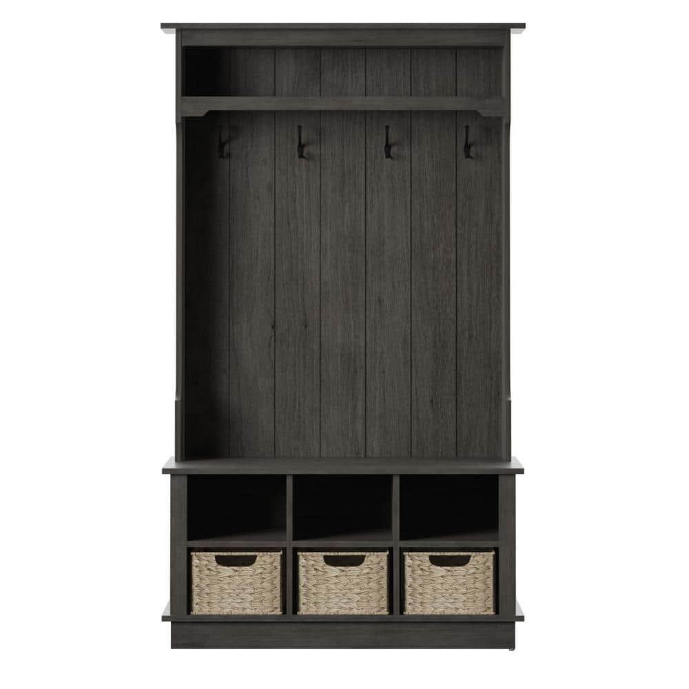 Weathered Gray Hall Tree with Woven Basket Storage