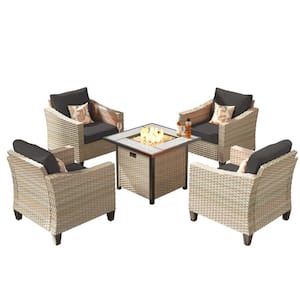 Oconee Beige 5-Piece Modern Outdoor Patio Conversation Sofa Seating Set with a Fire Pit and Black Cushions
