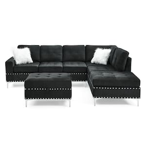 107.5 in. W Black Square Arm 3-piece 3 Seats Polyester L-Shaped Reversible Sectional Sofa with Ottoman and Metal Legs
