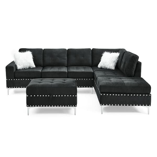 J&E Home 107.5 in. W Black Square Arm 3-piece 3 Seats Polyester L-Shaped Reversible Sectional Sofa with Ottoman and Metal Legs