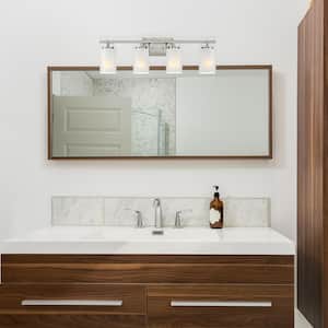 Carmine 28 in. 4-Light Brushed Nickel Modern Vanity with Etched Glass Shades