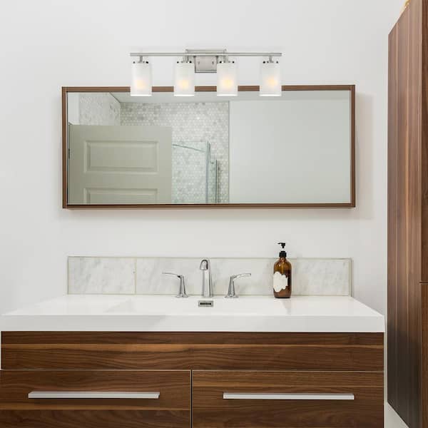 Carmine 28 in. 4-Light Brushed Nickel Modern Vanity Light with Etched Glass Shades