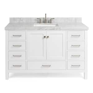 Cambridge 55 in. W x 22 in. D x 36 in. H Bath Vanity in White with Carrara White Marble Top
