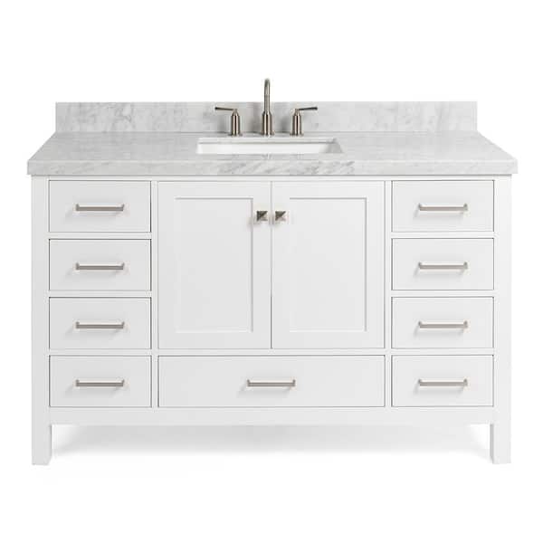 Cambridge 54 in. W x 22 in. D x 36 in. H Single Freestanding in White Bath Vanity with Carrara White Marble Top