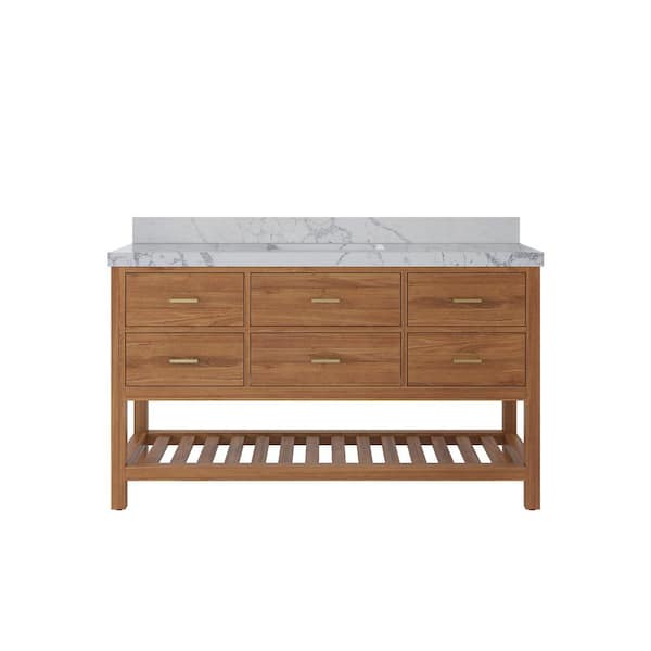 Willow Collections Parker Teak 60 in. W x 22 in. D x 36 in. H Single Sink Bath Vanity in Golden Teak with 2 in. Venatino Quartz Top