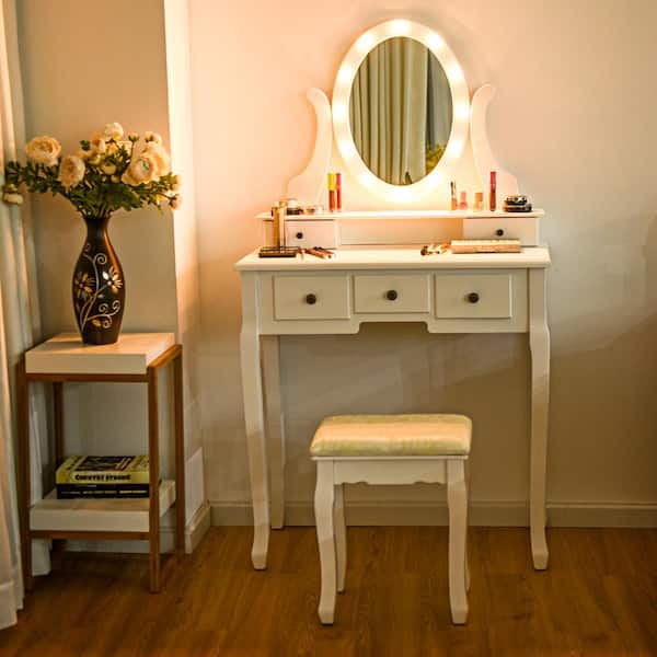 Costway White Wood Vanity Set Makeup, Vanity Mirror With Lights And Table Set Drawers