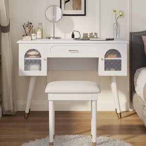 2-Piece White Makeup Vanity Set with Organizer, Writing Desk and Charging Port