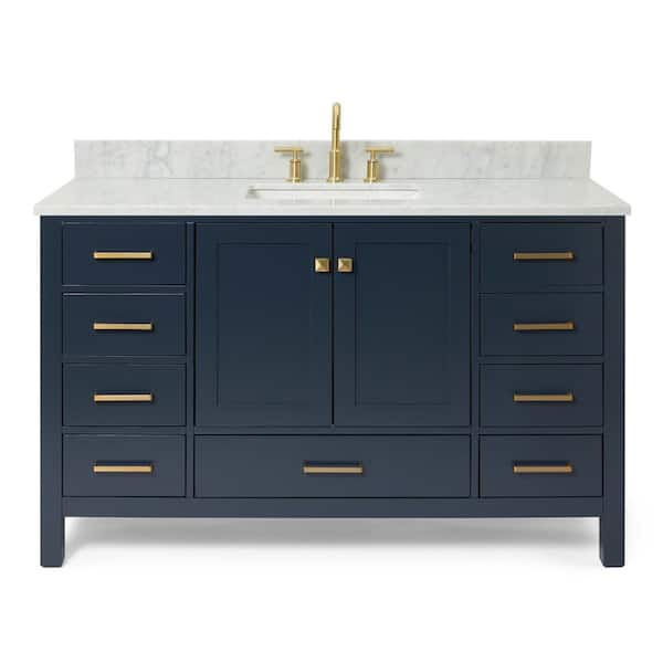 Cambridge 54 in. Single Sink Freestanding Bathroom Vanity in Midnight Blue with Carrara White Marble Top
