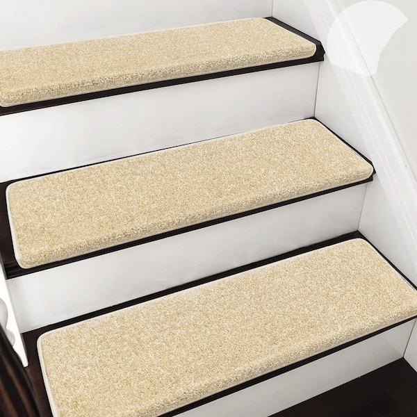 PURE ERA Beige 9.5 in. x 30 in. x 1.2 in. Bullnose Indoor Non-slip Carpet Stair Tread Cover Tape Free Non Slip (Set of 7)
