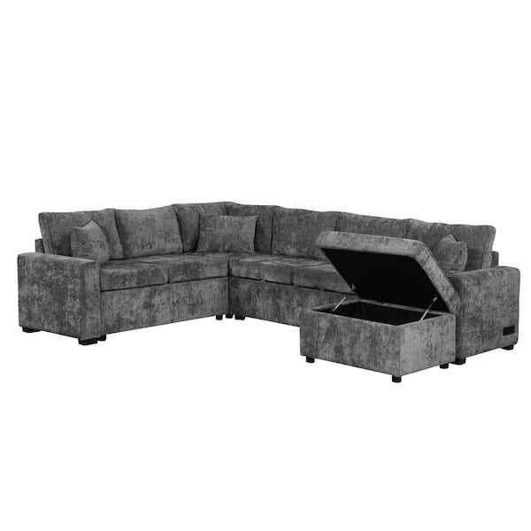 112.2 in. L Shaped Chenille Sectional Sofa in Gray with Pull-Out Sofa Bed, Storage Ottoman, 3-Pillows, Charging Devices