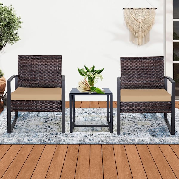 JUSKYS Brown 3-Piece Wicker Outdoor Bistro Dining Chair Set