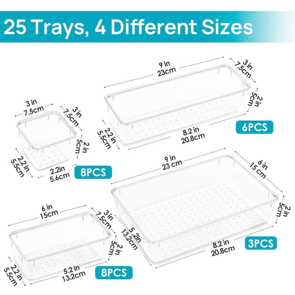 4-Size Plastic Drawer Organizer Trays Set for Makeup, Bedroom, Kitchen Gadgets Utensils and Office, Clear (25-Pack)