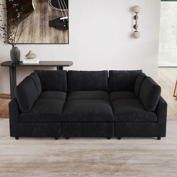 Modular Cloud Couch, 134 in. Square Arm Chenille L-shaped Sofa with Ottoman, Washable Covers for Home Theater in Black
