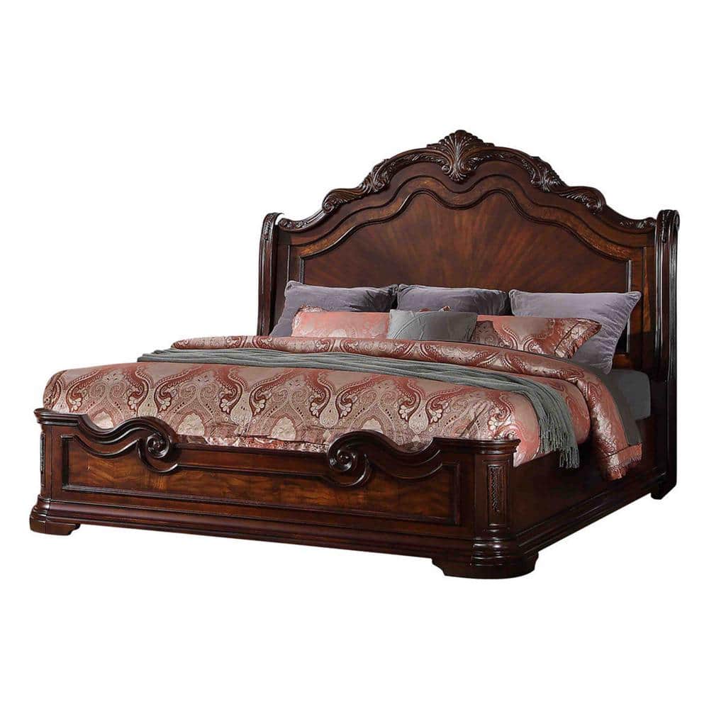 Elegant Walnut Queen Bed with Velvet Headboard and Wood Frame