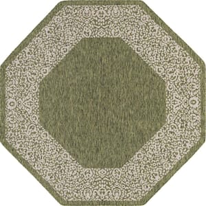 Outdoor Border Floral Border Green 7 ft. 10 in. x 7 ft. 10 in. Area Rug