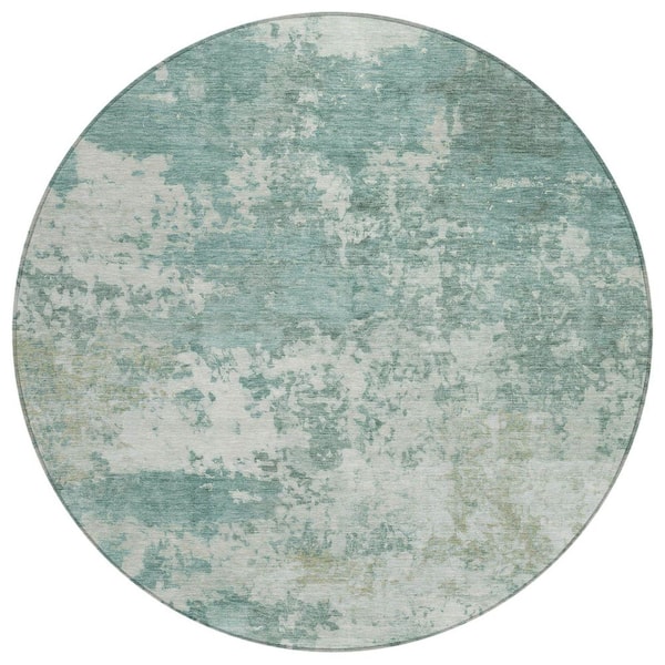 Chantille Machine Washable Indoor/Outdoor Abstract ACN2366 Aqua 8 ft. x 8 ft. Round Rug