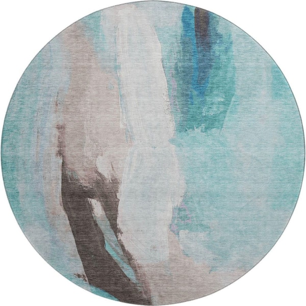 Mayfield Premium Machine Washable Abstract AMF1987 Teal 8 ft. x 8 ft. Round Rug