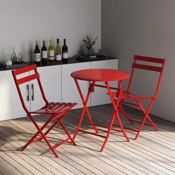 Angel Sar 3-Piece Patio Bistro Set of Foldable Round Table and Chairs, Red