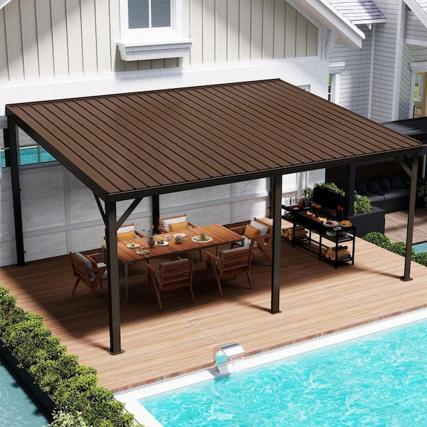 12 ft. x 16 ft. Brown Hardtop Connectable Wall Mounted Lean to Gazebo with Gutters, Galvanized Steel Roof for Patio,Deck