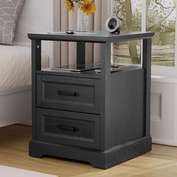 Farmhouse Black 2-Drawer 17.7 in. W Nightstand with Charging Station and Open Shelf