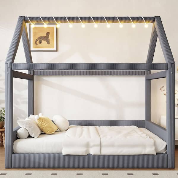 Grey Gray Wood Frame Full Upholstered Platform Bed with LED Light Strips