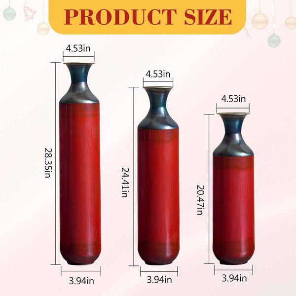 28.34 in. Red Metal Bottle Decorative Vase Set of 3,Rustic Floor