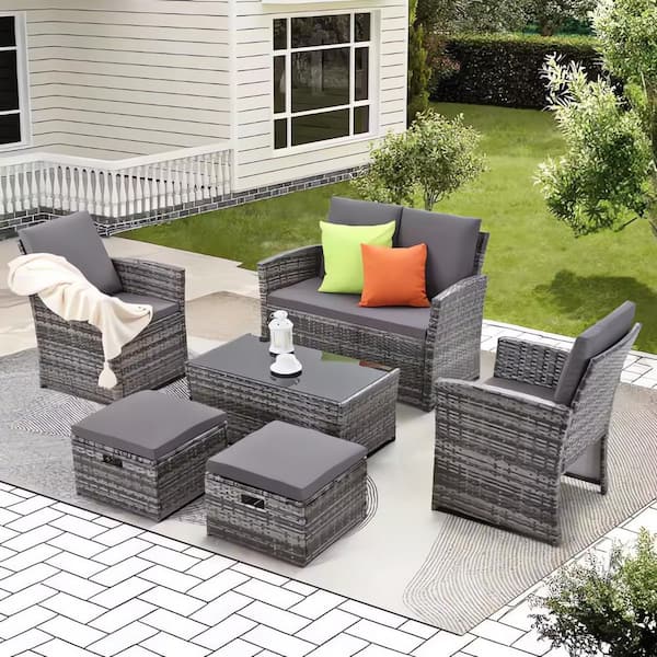 Unbranded 6-Piece Grey Rattan Wicker Patio Outdoor Sectional Set Furniture Sofa with Grey Cushions, 2-Ottomans and Coffee Table